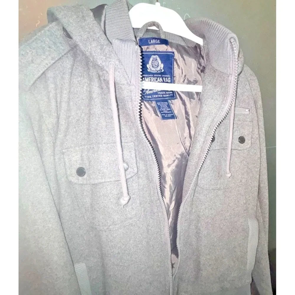 American Rag CIE 1984 Wool Blend Hooded Jacket Mens Large Gray Full Zip Coat